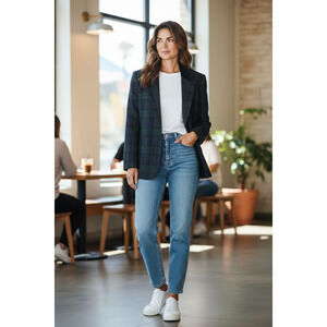 4241)Vtg 80s Sag Harbor Tartan Plaid Wool Blend Velvet Trim Sgl Button Jacket 14